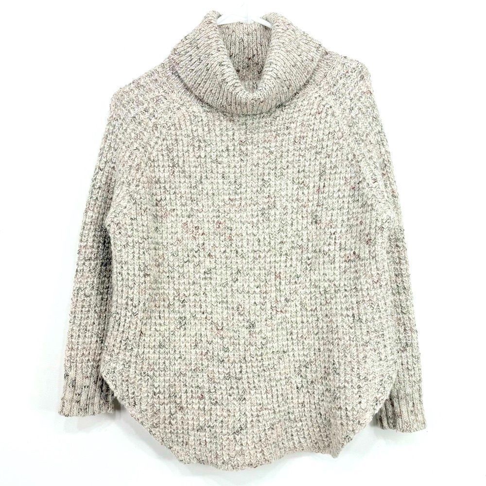 Free People DYLAN Light Tweedy Gray Chunky Waffle Knit Cozy Turtleneck Sweater